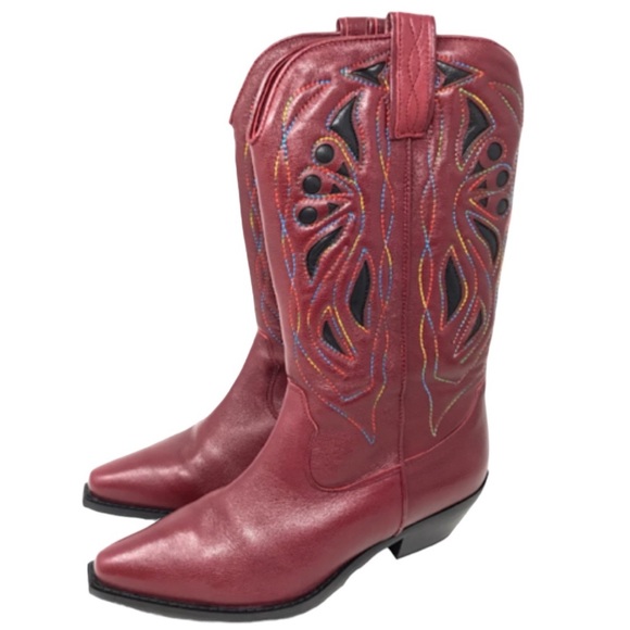 New Free People Rancho Mirage 6.5 Red Multi Embroidered MidCalf Leather Western - Picture 6 of 8